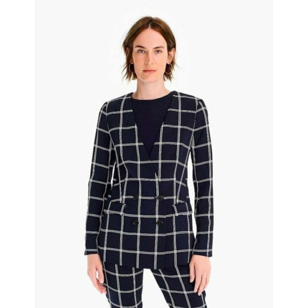J Crew 365 French Girl Windowpane Crepe Blazer Jacket Womens 10 Navy Blue Preppy